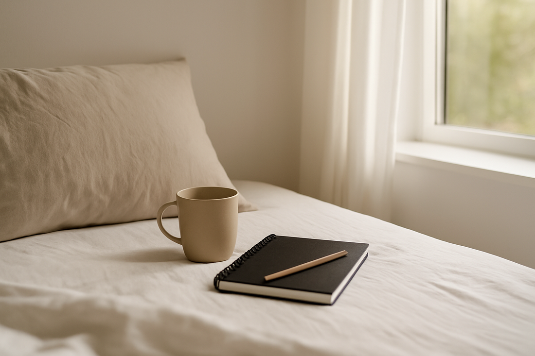 A minimalist bedroom scene with soft morning light entering through a window, featuring a made bed, a small nightstand, and a peaceful atmosphere that suggests a calm and intentional start to the day.