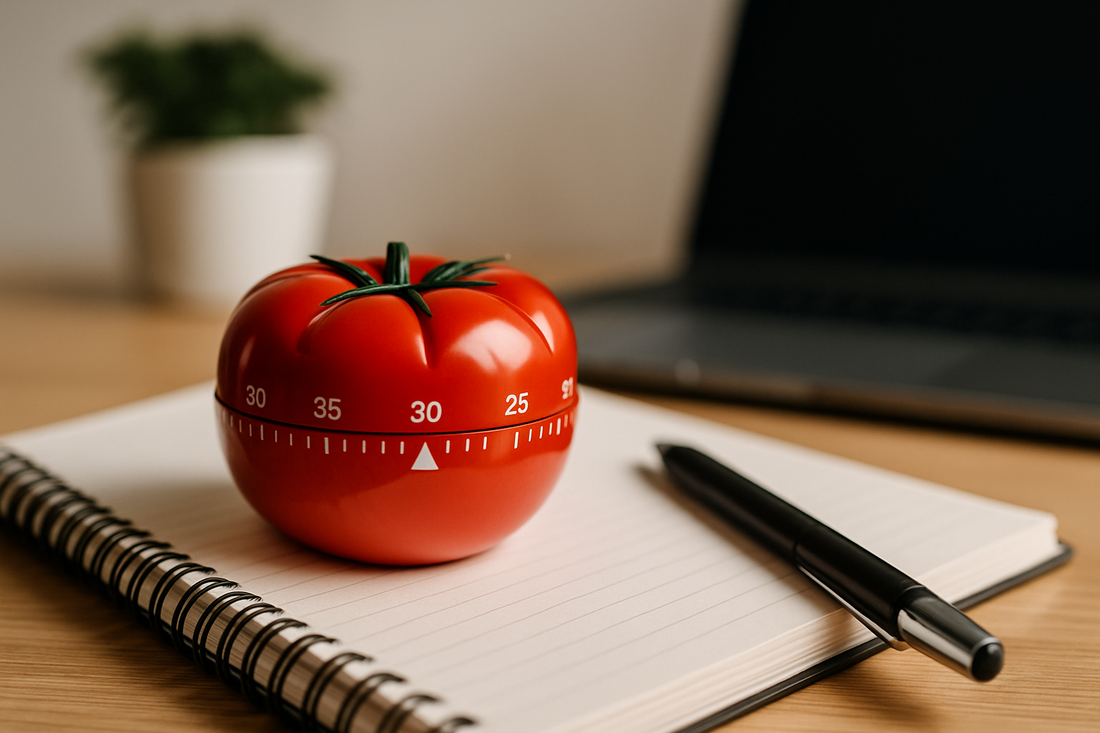 A red pomodoro timer shaped like a tomato placed on an open notebook with a black pen nearby, symbolizing time management and focused work.