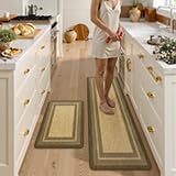 KIMODE Anti Fatigue Cushioned Kitchen Mats for Floor 2 Piece, Boho Vintage Kitchen Rugs Non Skid, Comfort Memory Foam Standing Desk Mats for Laundry Office Sink 17.3"x29"+17.3"x59" Brown/Khaki