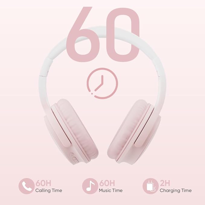 Wireless Headphones, Bluetooth Over Ear Headsets with Microphone, Hi-Fi Audio, 60H Playtime, Touch Control, Foldable Lightweight, On-Ear Headphones for Girls Women, Travel, Work,