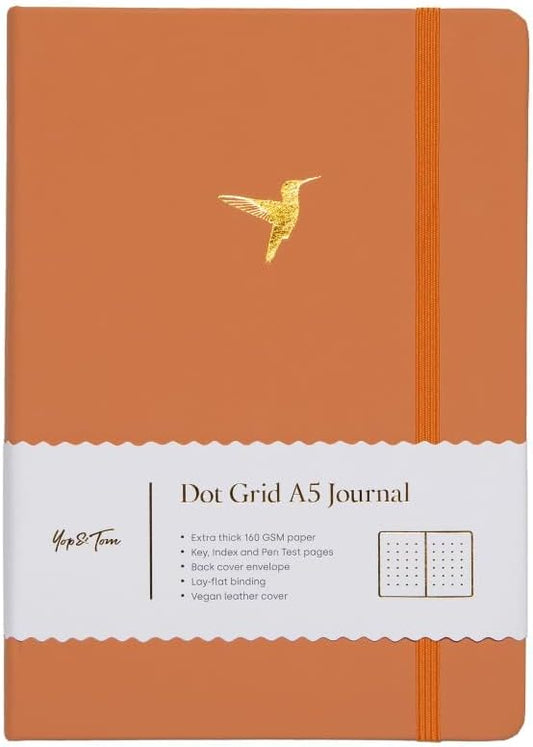 Yop & Tom Bullet Dotted Journal (A5) - Hummingbird - Dot Grid Notebook With Extra Thick Paper (160 GSM) - Burnt Orange