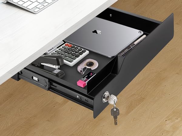 Under Desk Drawer with Lock, 16" W x 11.8" D x 6.3" H Slide Out Mounted Pull-Out Add On Drawer Lockable Storage Black