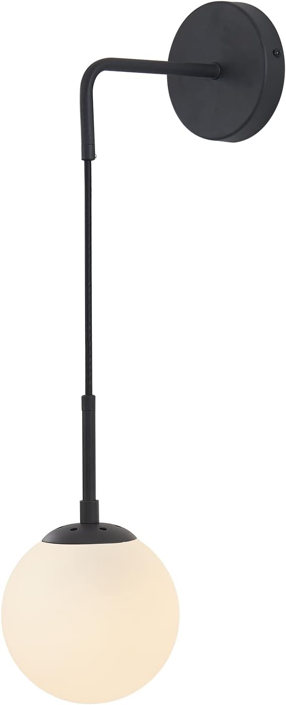 BOKT Lighting Black 1-Light Frosted White Glass Wall Sconce Mid Century Modern Globe Ball Bathroom Wall Light Rustic Industrial Bedroom Bedside Wall Reading Lamp (Black+White)