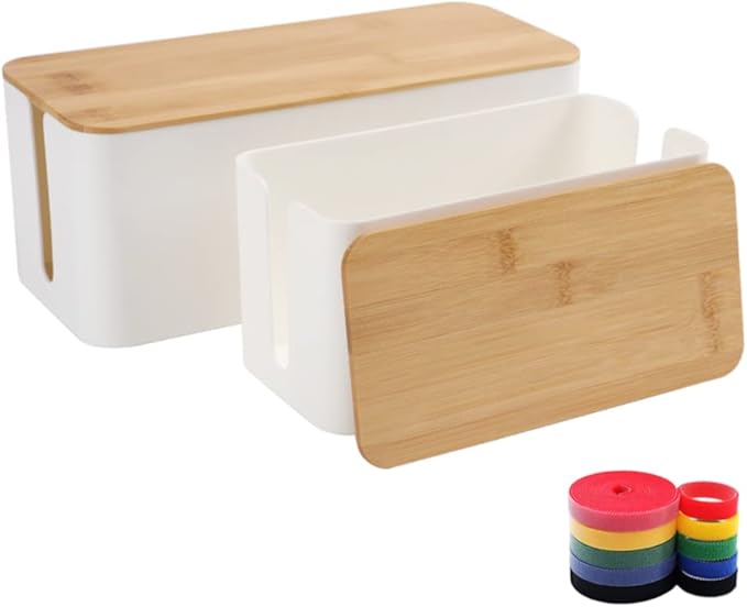 Cable Management Box Organizer, Set of 2 Bamboo Lid Large Storage Wire Holder to Conceal Hide Surge Protector, Power Strips Cord on Desk Floor, with 5 Cables Tape for Home Office Computer TV USB Hub