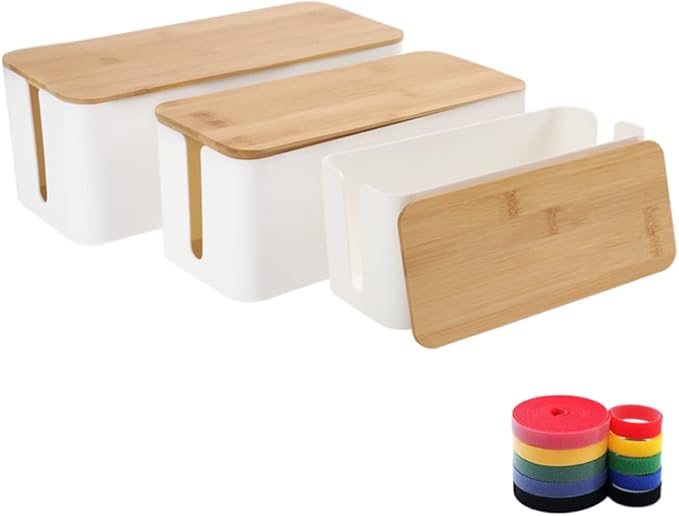 Cable Management Box Organizer, Set of 3 Bamboo Lid Storage Wires Holder to Cover Hide Surge Protector, Power Strips & Cords- with 5 Cables Fastening Tapes for Home, Office, Desk, PC, TV, USB Hub