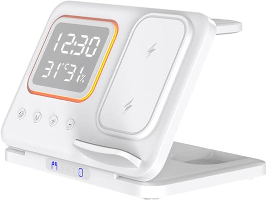 IHAO 5in1 Multi Functional Wireless Charging Station with Digital Clock 15W Fast Charge Night Light Temperature Display Wireless Charger for All Qi Phone and TWS Headphone Compliant with i-Watch