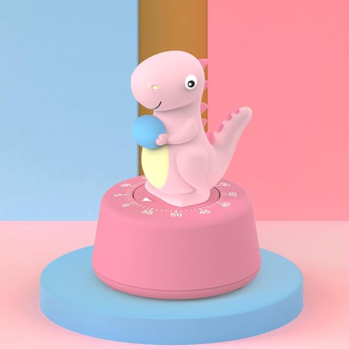 60 Minutes Mechanical Kitchen Timer,Cute Dinosaur Timer for Kids,Wind Up Egg Timer for Cooking,Reading,Classroom and Do Sports. (Pink)