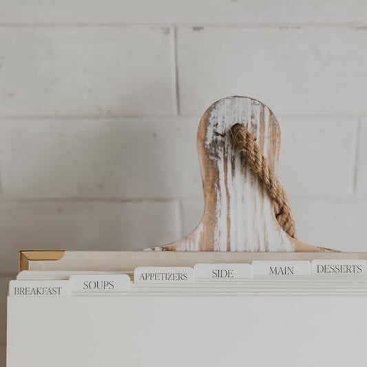 Sweet Water Decor Recipes Journal, Cute 8 Tabbed Cooking Notebook for Women, 40 Prompt Recipe Pages Per Section, Neutral Laminate Spiral Bound Diary with Gold Metal Corner Details