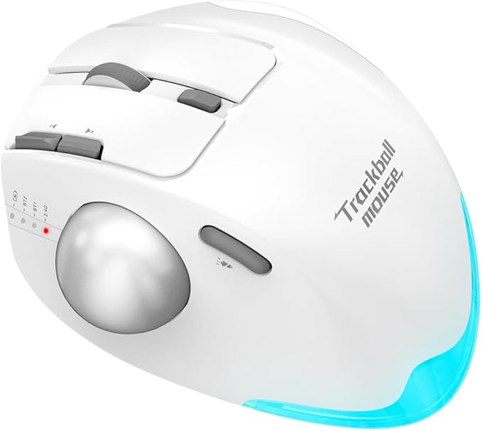 zelotes Wireless Trackball Mouse,Bluetooth Mouse,Rechargeable,4800 DPI, 2-in-1(BT 5.0/3.0+2.4GHz USB Receiver), 8 Buttons,Ergonomic Design,LED Lighting,for Laptop, PC, Pad,White