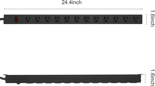 HHSOET Aluminum Wall Mount Power Strip - 12 AC Outlets, 15 FT Cord, 15A 125V Switch