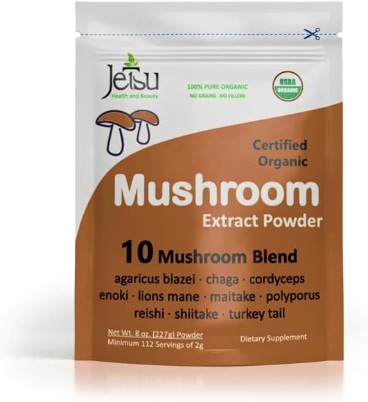 Mushroom Extract Powder - Powerful 10 Blend, Organic Lions Mane, Cordyceps, Reishi, Shiitake, Turkey Tail Mushrooms Nootropic Brain Supplement for Energy, Calm, Focus & Immune System Booster