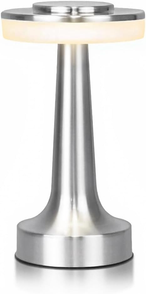 Cordless Metal Desk Lamp, Touch Sensor Control LED Table Lamp,3 Color Stepless Dimmable Battery Powered Lamp for Living Room, Dorm, Home Office (Silver)