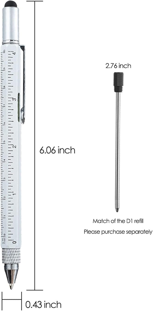 HeTaoCat Gifts Multi Tech Tool 6 in 1 Stylus Pen - Screwdriver With Ruler, Levelgauge, Ballpoint Black Ink (White)