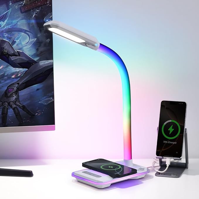 RGB Gaming Desk Lamp with Music Sync,Dimmable LED Lamp with Wireless Charging Station,USB Charging Port,Color Changing Touch Control Light for Gamer Room Decor,Reading,Office,Gift Ideas