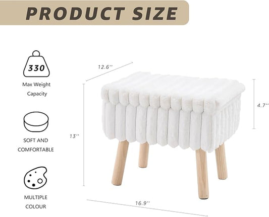 Wimarsbon Storage Ottoman,Soft Faux Fur Footstool with Padded Seat, Small Reading Vanity Chair, Footrest with Wood Tray for Couch, Mini Coffee Table or Display Stand (Cream, Rectangular Storage)