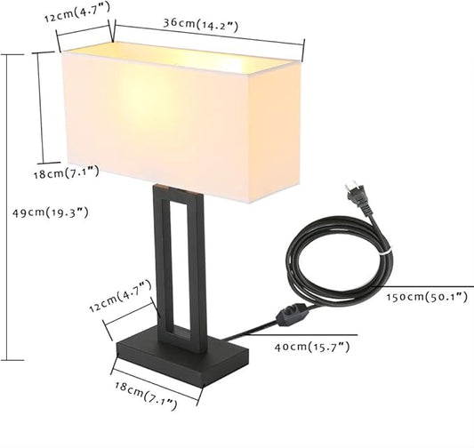 Yosoan White Indoor Table Lamp Bedside Nightstand Desk Lamp, Dimmable On Off Switch Black 65.8" Power Cord Cutout Rectangular White Fabric Shade for Bedroom Hotel Study