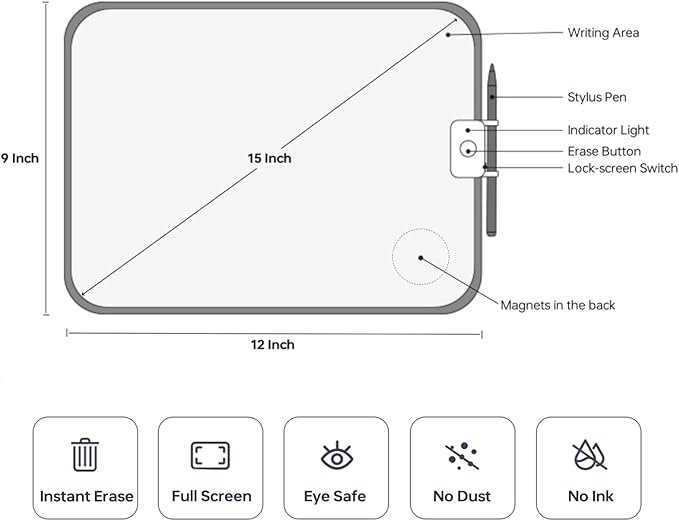 2 Pack 15 Inch LCD Writing Tablets for Kids, Reusable Doodle Board Writing Board for Back to School, Birthday Gifts, Note Board with Magnets, Dry-Erase Alternative & Sticky Note Replacement