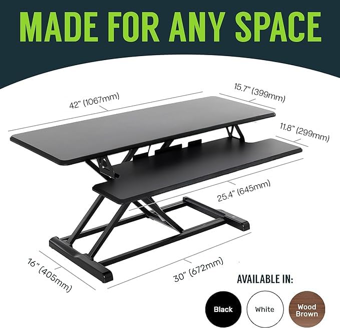 TechOrbits Standing Desk Converter - 42 Inch Adjustable Sit to Stand Up Desk Workstation, MDF Wood, Ergonomic Desk Riser with Keyboard Tray, Desktop Riser for Home Office Computer Laptop, Black 42"
