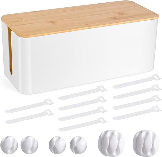 Cable Management Box - Wooden Style Cord Organizer Box to Hide Wires & Power Strips | Desk Computer Cable Organizer Box | Safe ABS Material | 12.6" (L) x 5.3" (W) 4.9" (H) | for Home & Office - White