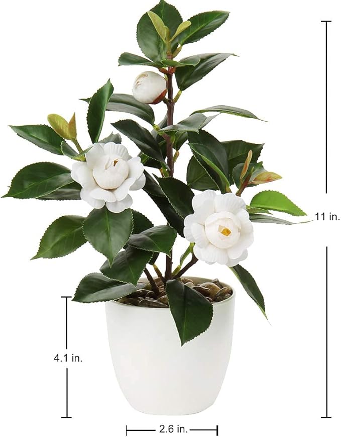 Briful Artificial Plants Mini Camellia Potted Fake Plants Small Faux Plastic Plants Desk Plant Artificial Flowers with Vase for Home Office Desk Kitchen Garden Indoor Decor