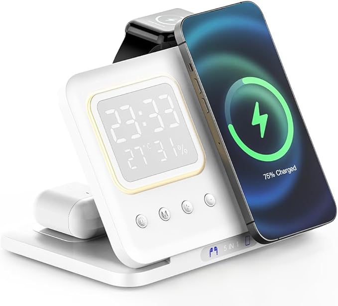 IHAO 5in1 Multi Functional Wireless Charging Station with Digital Clock 15W Fast Charge Night Light Temperature Display Wireless Charger for All Qi Phone and TWS Headphone Compliant with i-Watch