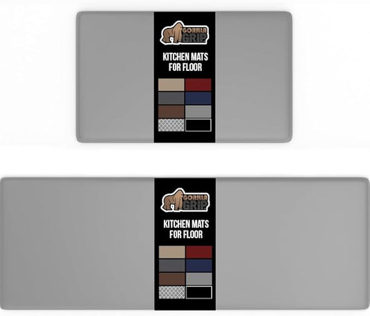 GORILLA GRIP 2 Pack Comfortable Cushioned Kitchen Mats for Floor, 17x24 + 17x48, Waterproof and Stain Resistant, 1/2 Inch Thick Soft Ergonomic Standing Desk Anti Fatigue Mat, Foam Supports Feet, Gray