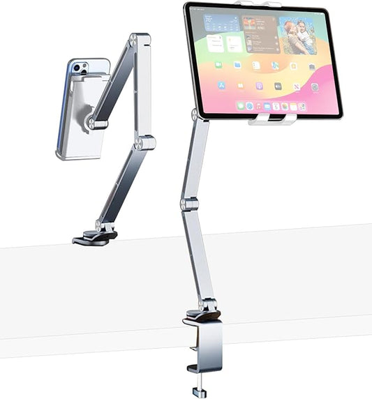 iPad Mount for Desk Aluminum Alloy Tablet Stand Foldable Overhead Arm Holder Mount Fits for 4.7-15.6" Screen Phone,Kindle,Fire HD,Monitor,iPad,Galaxy Tab Series (Silver)