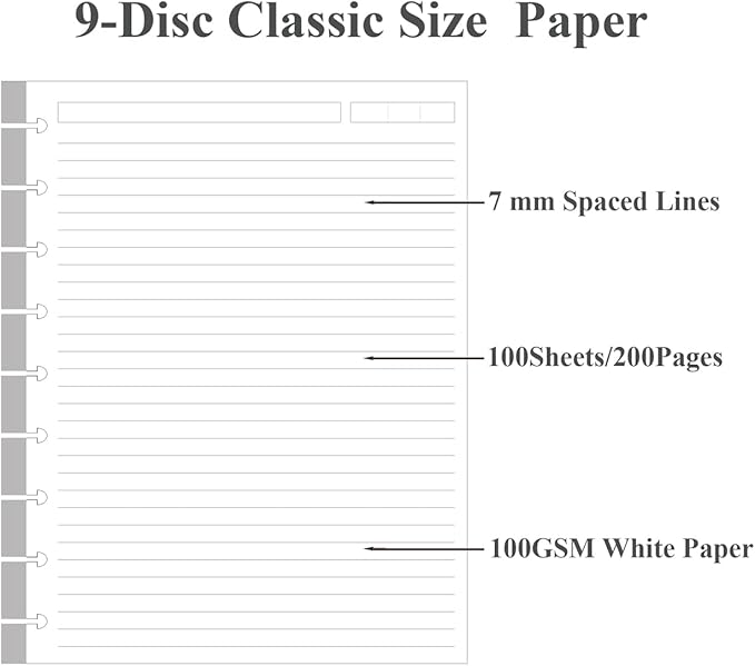 9 Disc Lined Paper Refills for Happy Planners - 100 Sheets/200 Pages Classic Size Lined Paper with 5 Sheets Dividers, 7" x 9.25"