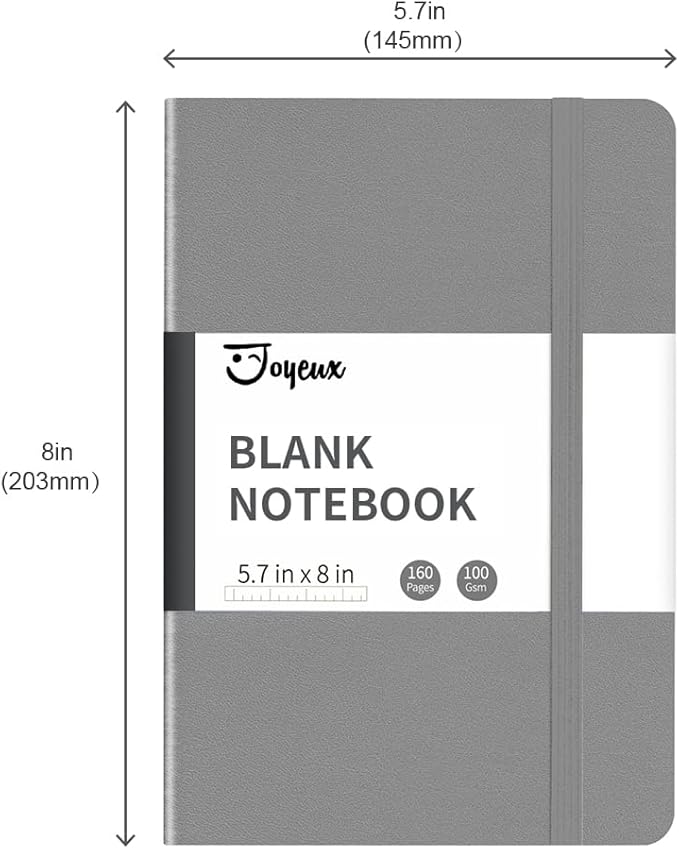 JOYEUX Blank Journal Notebook, A5, 160 Pages 100 Gsm Thick Sketch Books Hardcover Journal for Writing, 5.7 inches x 8 inches Notebooks for Work (Dark Grey)