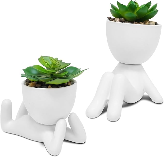 Zerzsy 2 PCS Small Fake Plants with Human-Shaped Pots Funny Room Decor Faux Plants Cute Desk Decor Fake Succulents Mini Plant Bathroom Decorations (Ceramic White)