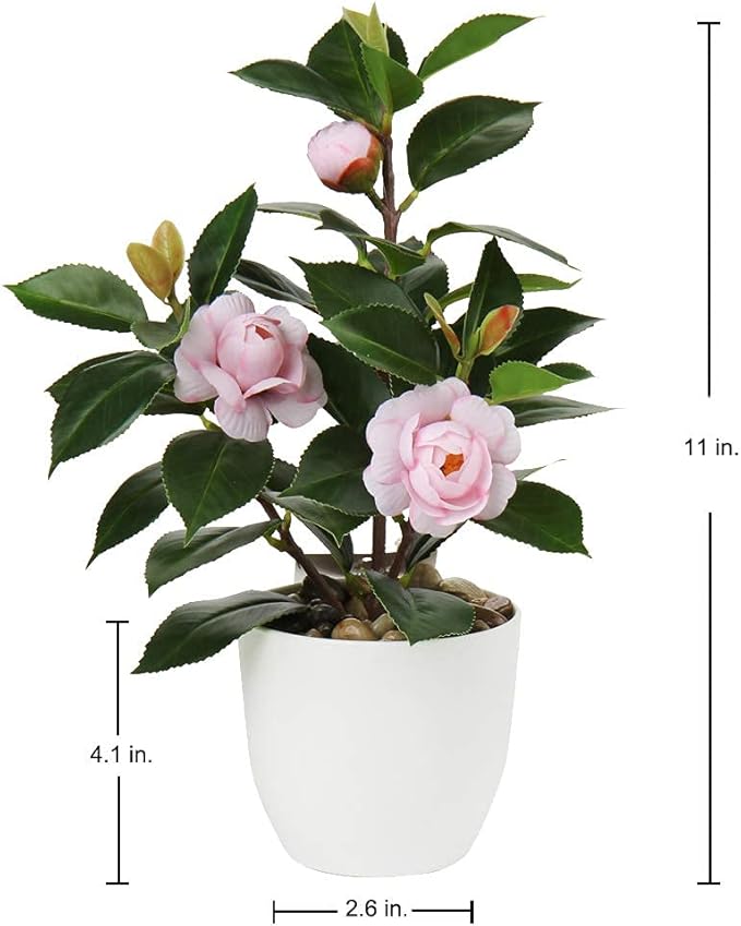 Briful Artificial Plants Mini Camellia Potted Fake Plants Small Faux Plastic Plants Desk Plant Artificial Flowers with Vase for Home Office Desk Kitchen Garden Indoor Decor