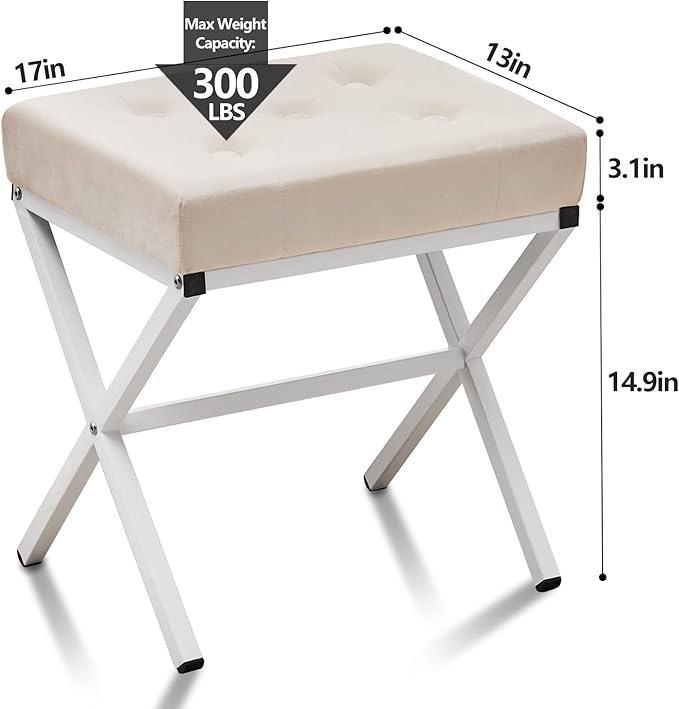 Wimarsbon Ottoman Foot Stool Tufted Vanity Stool Thickened Cushion Footstool Mulifunctional Shoe Changing Seat Step Stools with Metal X Leg for Living Room Bedroom Velvet Cream