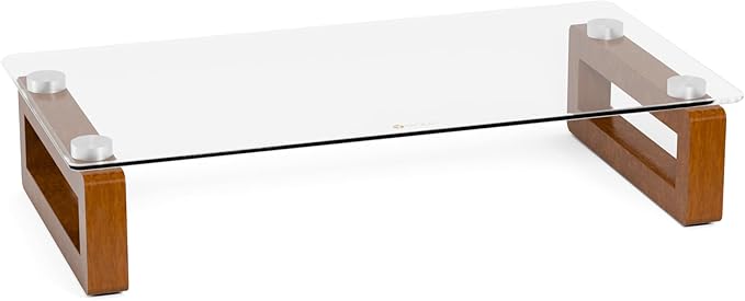 YEOUX Multi-Purpose Desktop Stand, Clear Floating Computer Monitor Riser with Natural Wood Base, Desk Organization Shelf for Printer, Laptop, Audio Device, Flat Screen