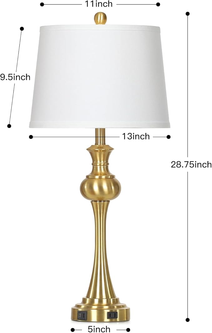 28.75" Modern Table Lamps Set of 2, Gold Bedside Lamp with USB A+C & AC Outlet,Brass Unique Desk Lamps for Living Room, Bedroom, Nightstand, End Table (2 Bulbs Included)