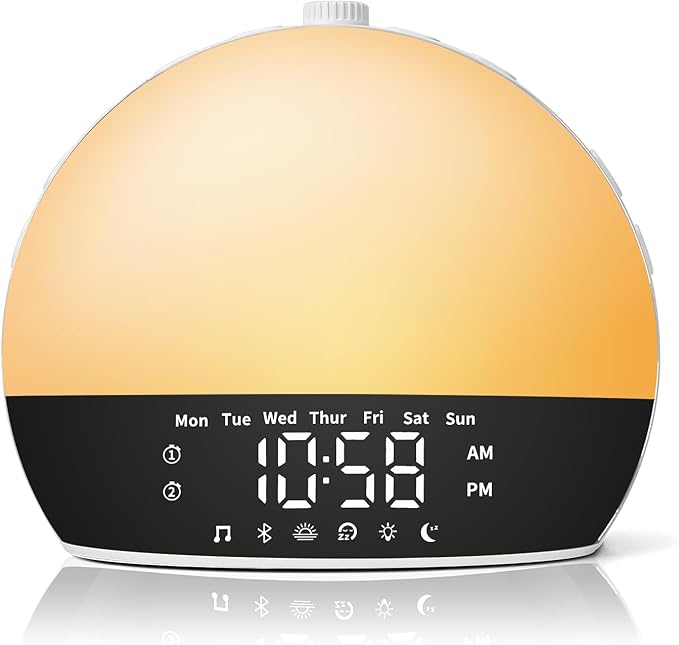 Sunrise Alarm Clock Sound Machine, Wake Up Light with Sunset Simulation, Dimmable Clock with Bluetooth Speaker for Bedroom, Night Light & 25 Sleep Sounds, White Noise Machine for Adults & Kids