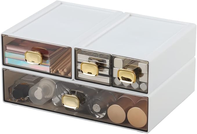 Spacious Desktop Storage Box, 1 Large 1 Middle & 2 Small Storage Drawers, Stackable Office Desk Drawer Organizer and Accessories, Printer Paper Organizer, White Plastic Drawers for Workspace