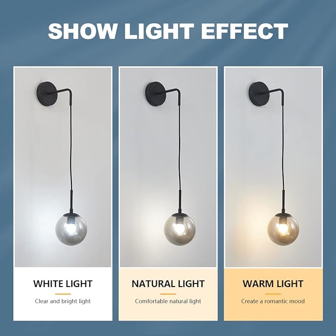 BOKT Modern Smoke Gray Glass Ball Wall Sconce Lighting Mid Century Matte Black Wall Mount Light Fixture Vanity Globe Bathroom Wall Lamp (Black+Smoke Gray)