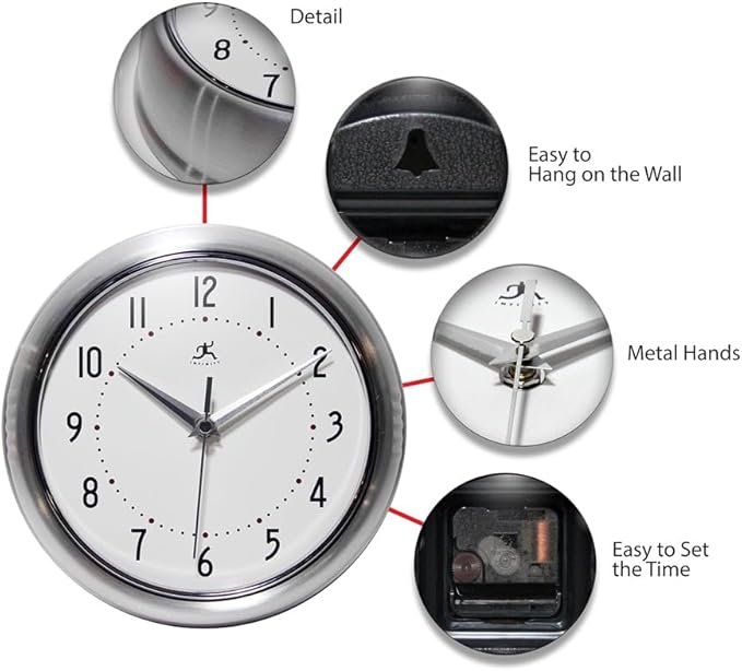 Infinity Instruments LTD. Retro 9 inch Silent Sweep Non-Ticking Mid Century Modern Kitchen Diner Wall Clock Quartz Movement Retro Wall Clock Decorative (Silver)…