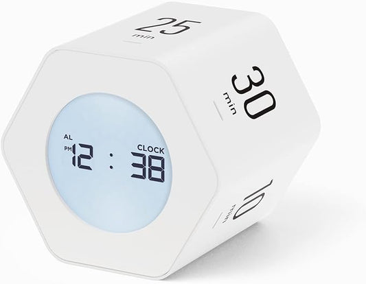 mooas Multi-Hexagon Clock Cube Timer, Digital Clock Time Timer, Pomodoro Timers, Backlit Display 12/24H Mode Count up & Countdown, Rotating Various time presets ideal for Classroom Gym Kitchen (White)