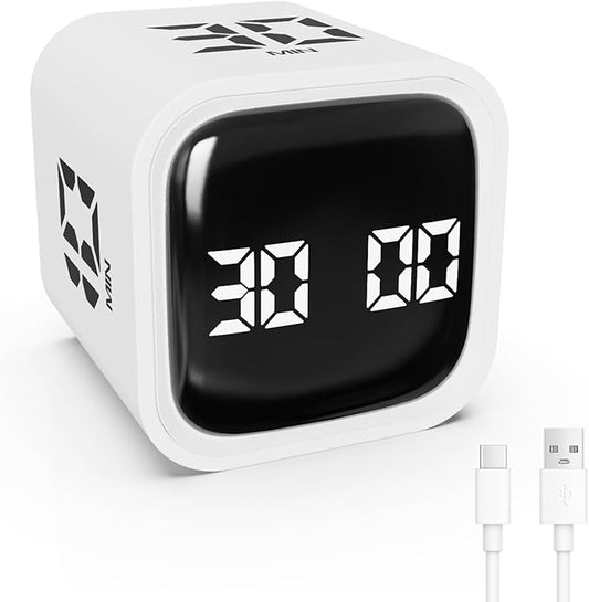 Digital Cube Productivity Timer - Rotating Pomodoro Timer with Gravireceptor 5-10-30-60 Min Custom Countdown, Vibration & Adjustable Volume for Learning, Office, Kitchen, Desk, White