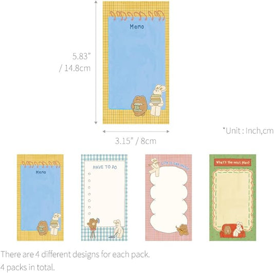 Monolike Memopad Unmatched Friends Series.1 4P SET - 4 Packs, 4 Different Designs, 80 Sheets Per Pad, Total 320 Sheets, Note pads, Writing pads, 80x148mm