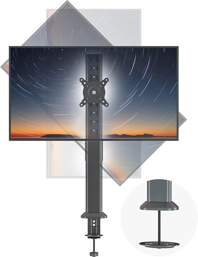 HEMUDU Single Tall Desk Monitor Arm Mount Stand Fit for 27 inch to 42 inch Flat Curved Computer Screen with Swivel, Height Adjustable, Rotation,Holds up to 77lbs, Black