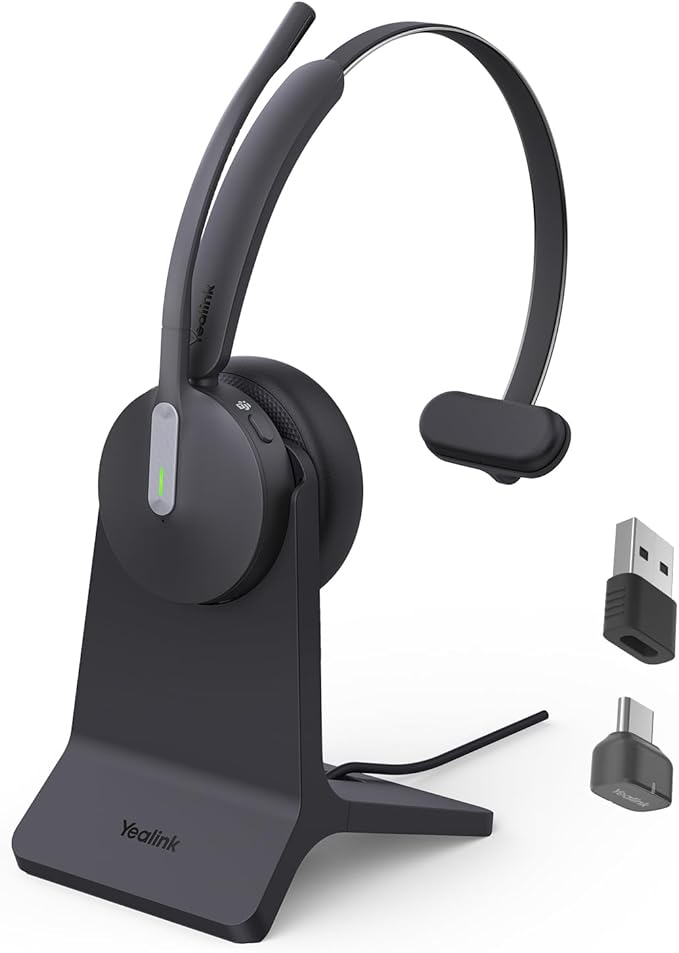 Yealink BH70 with Stand Wireless Bluetooth Headset with Microphone for Work, up to 35h Talking Battery Life, 3 Noise Cancellation Mics, Teams Certified, ≤90min Fast Charging, NO Power Adapter Needed
