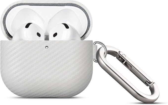 Leather Case for AirPods 4 / AirPods 4 with Active Noise Cancellation Case Cover with Keychain - Selected Skin-Friendly Leather, Carbon Fibre Texture, Handmade Shockproof Hard Cover - White
