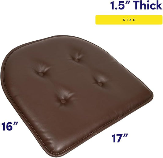 Sweet Home Collection Chair Cushion Memory Foam Pads Tufted Slip Non Skid Rubber Back U-Shaped 17" x 16" Seat Cover, 6 Pack, Faux Leather Chocolate Brown