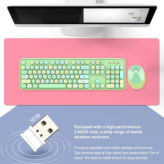 Guffercty kred Green Colorful Wireless Keyboard Mouse, Cute Retro Typewriter Round Keycaps 2.4GHz Dropout-Free Connection for Laptop/PC (Multicolor Green)