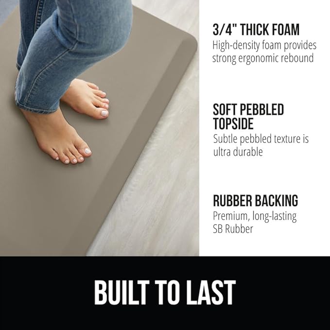 GORILLA GRIP Comfortable Cushioned Kitchen Mats for Floor, 48x20, Waterproof and Stain Resistant Soft Top, 3/4 Inch Thick Ergonomic Standing Desk Anti Fatigue Mat, Foam Supports Ankles and Feet, Taupe