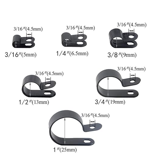 210 Pcs Plastic Cable Clamp Black Nylon Screws, Minelife R-Type Cable Wire Clip Clamp Fasteners 3/16" 1/4" 3/8" 1/2" 3/4" 1" for Wire Management
