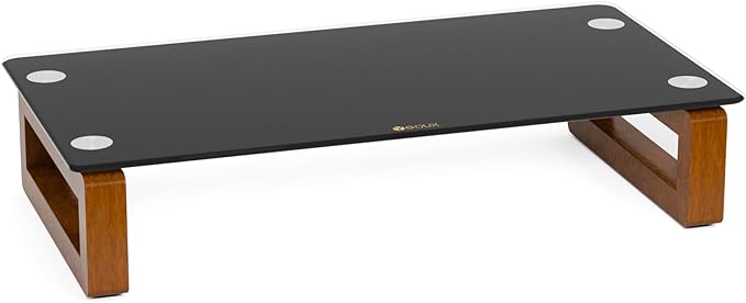 YEOUX Black Glass Computer Monitor Stand Riser with Wooden Base for Flat Screen LCD, LED TV, Laptop, Printer, Multi Media Desktop Stand, Office Supplies Desk Organization