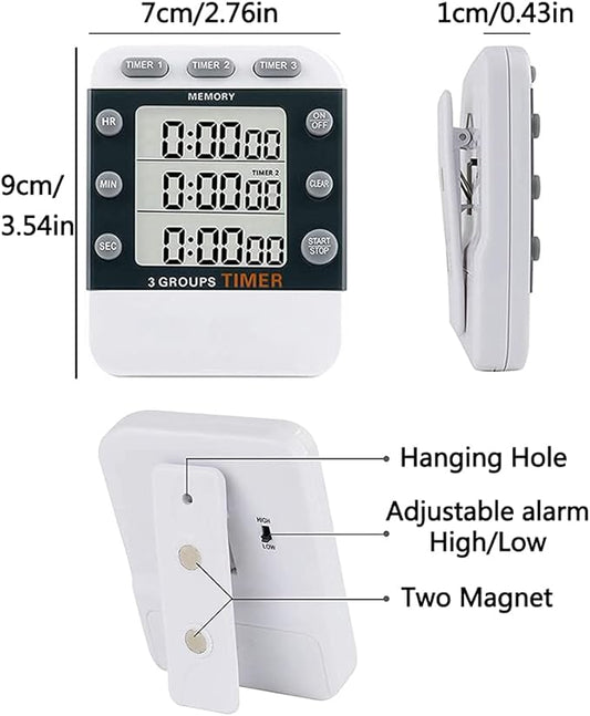 Digital Dual Kitchen Timer for Cooking, 3 Channels Count Down/up Triple Multi Timers for Food, Magnetic Memory-Preset Large-Display Adjustable Alarm Volume, 3A Battery Included